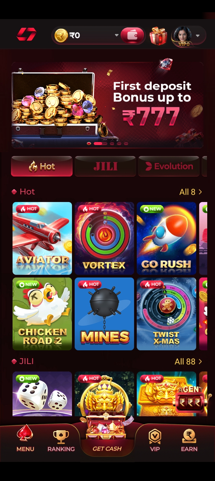 IN7 mobile app game lobby screen