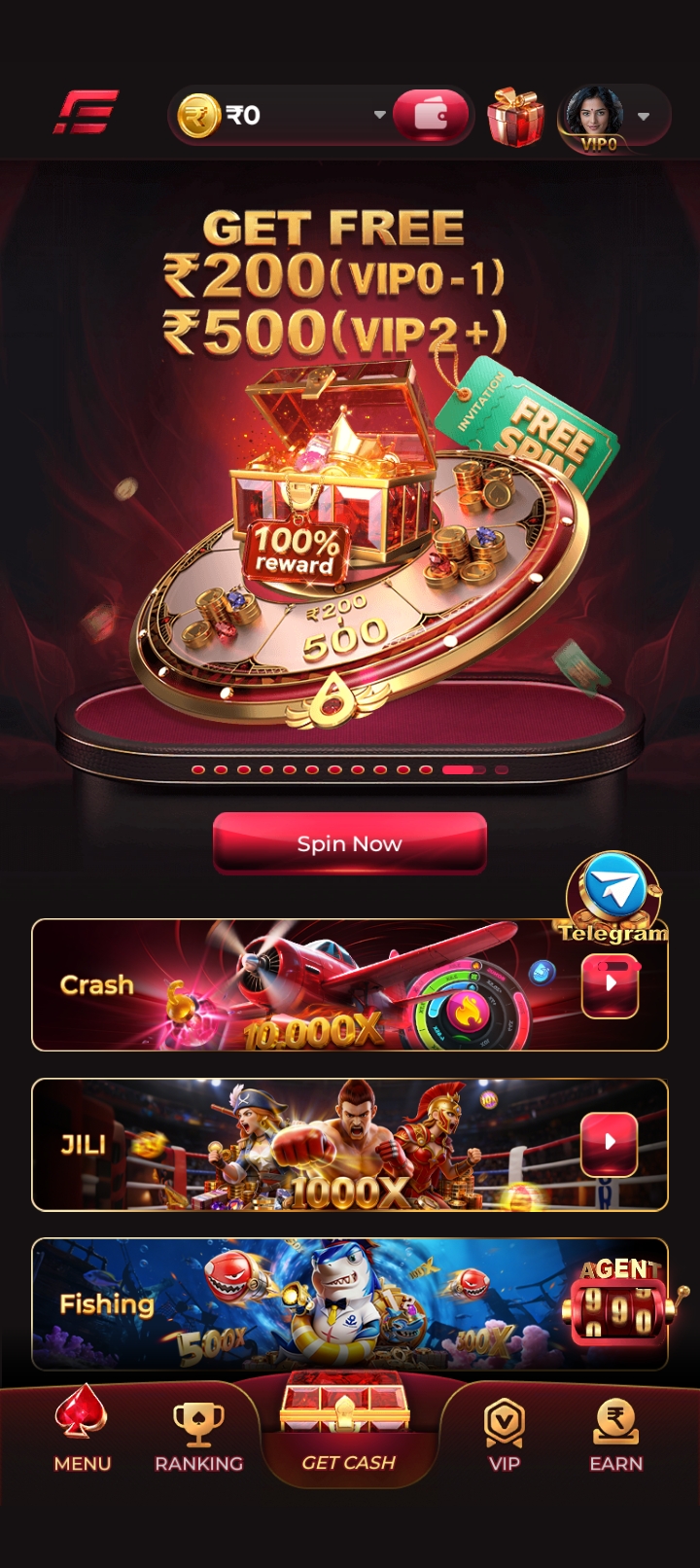 IN7 mobile app promotion screen with game categories